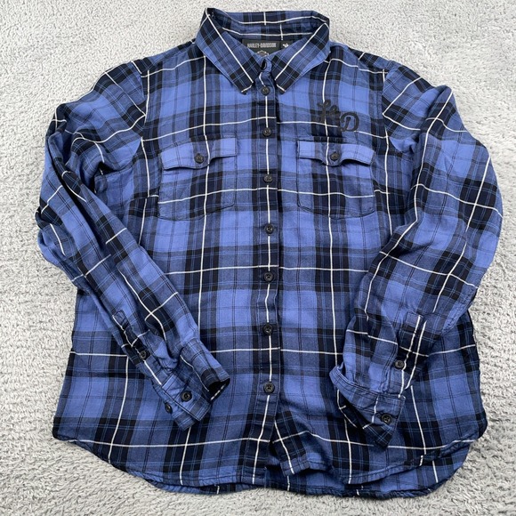 Harley Davidson Shirt Womens Large Blue Plaid Flannel Workwear Western Casual - Picture 2 of 10